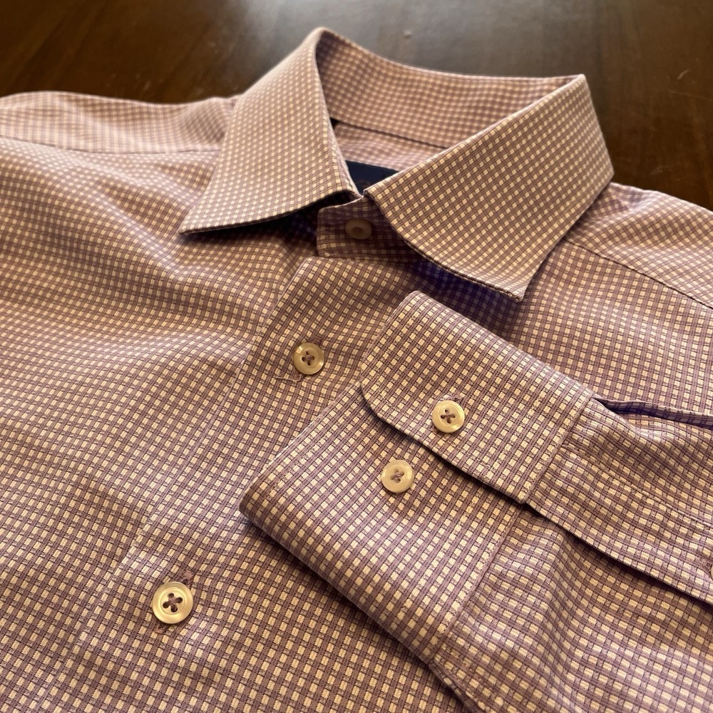David‎ Donahue Dress Shirt Men 16.5 34/35 Purple White Trim Fit Micro-Check